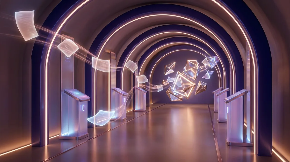 A futuristic corridor with glowing arches and floating geometric shapes represents creative work within the content.