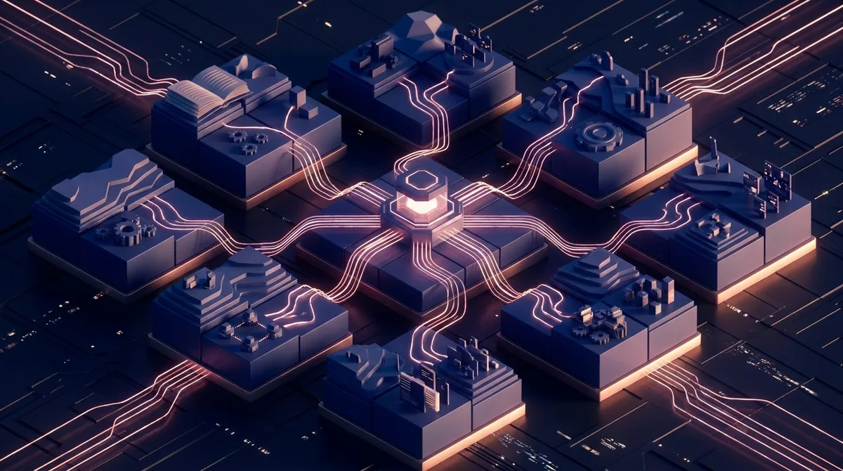 A futuristic network of interconnected circuit boards and miniature cityscapes glows with neon light, showcasing a content.