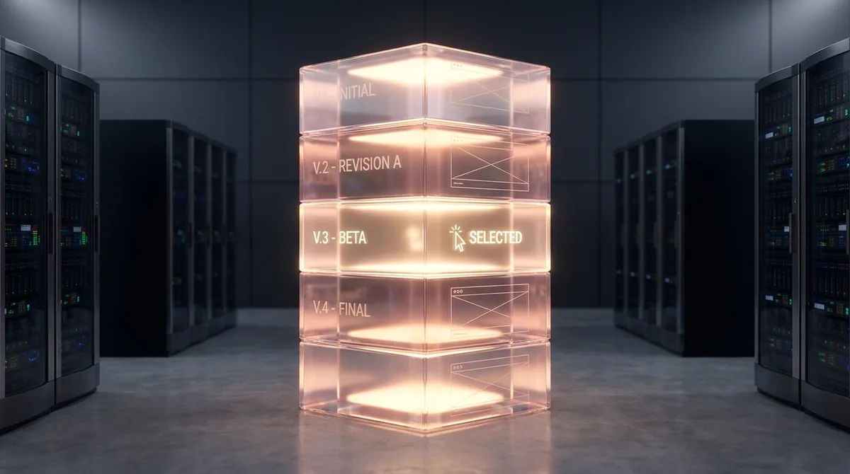 Version-Stack Monument - stacked translucent content layers lit from within